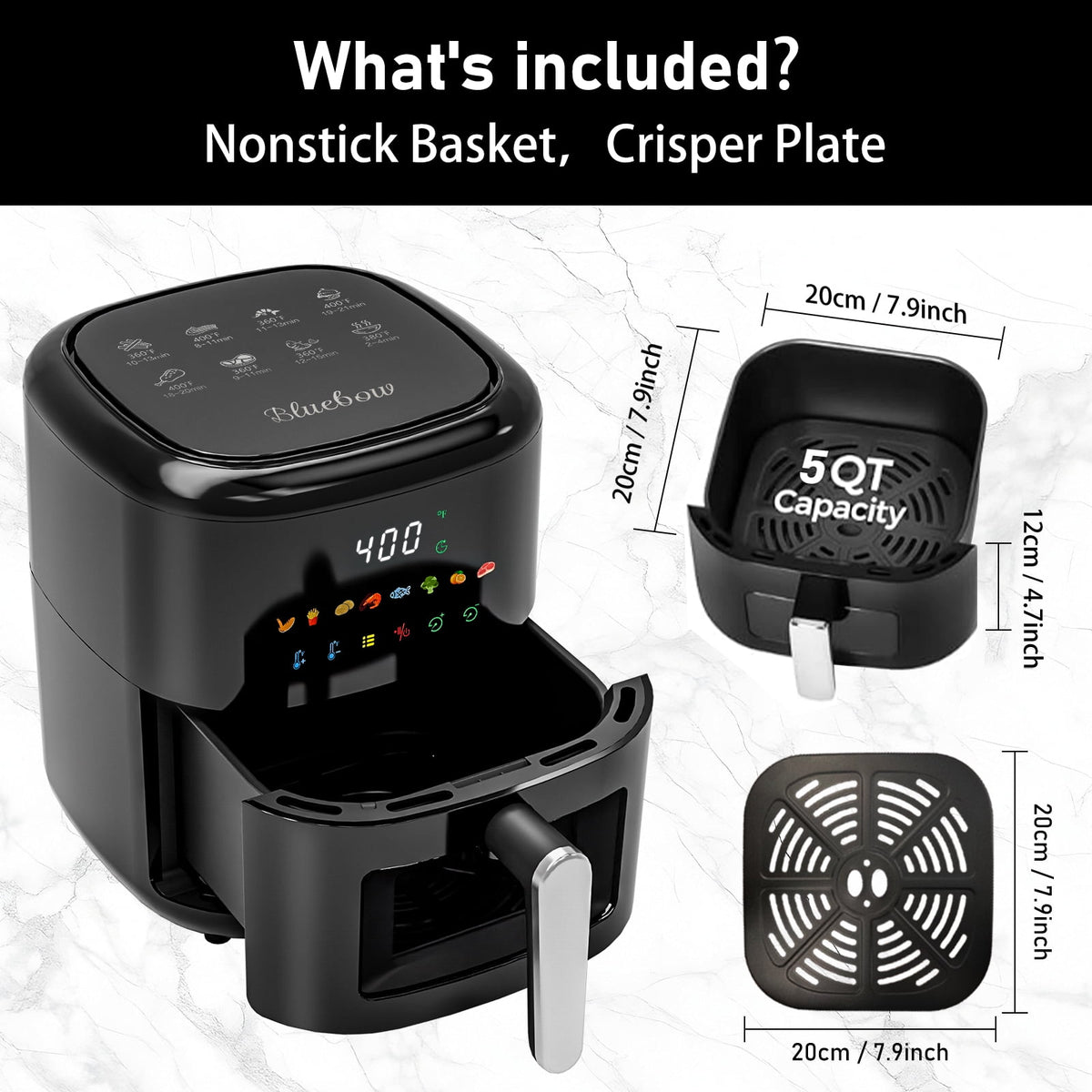 Vaparinckl 5QT Air Fryer, 8-in-1 Electric Hot Oven with Digital Touch Control, Visible Window, Nonstick & Dishwasher Safe Basket, Black