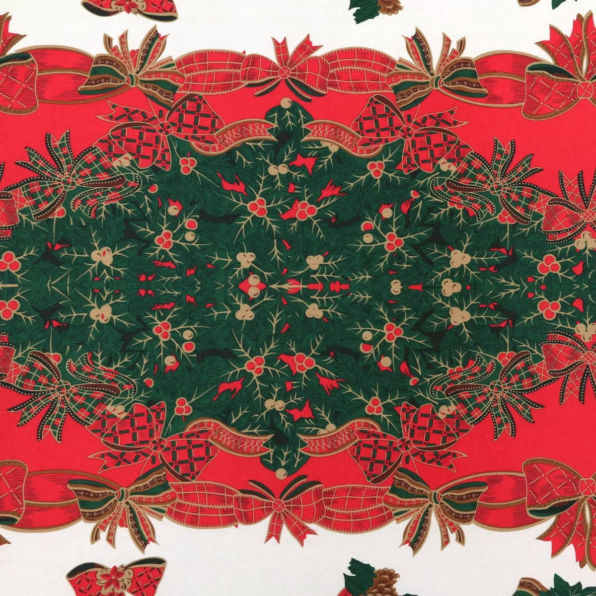 LUSHVIDA Christmas Tablecloth Rectangle - 60x84 inch Holly Ribbon Pattern Washable Wrinkle Resistant Holiday Tablecloths for Christmas Family Gathering, Dining Room Table Decoration 130GSM