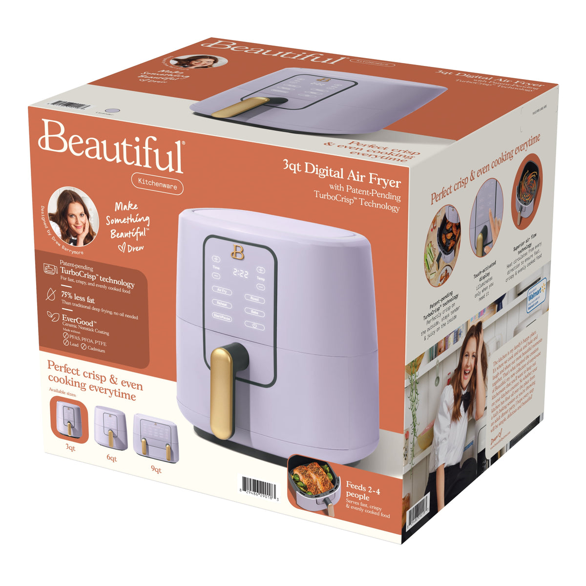 Beautiful 3 Qt Air Fryer with TurboCrisp Technology, EverGood Non-Toxic Ceramic Nonstick Coating, Chocolate by Drew Barrymore