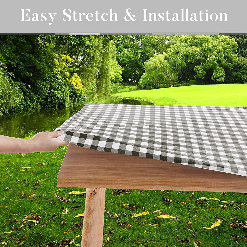 UMINEUX 3-Piece Rectangle Checkered Picnic Table Cover with Bench Covers Vinyl Flannel Backing with Elastic Edge (30"x72", Black and White)