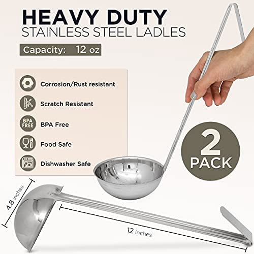 [2 Pack] 6 Oz Stainless Steel Soup Ladle - One-Piece Sauce Spatula with Hook Handles, Commercial Grade Serving Spoon, Kitchen Tool for Restaurant or Home Cooking, Mirror Finish, 14.25" Long