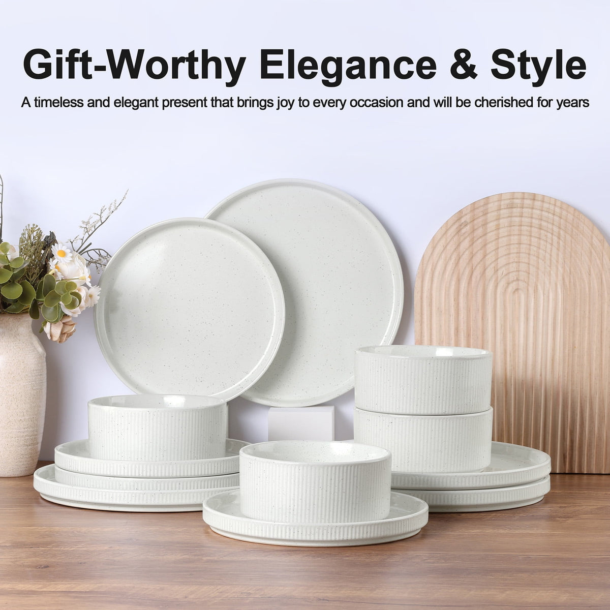 Vesteel 12 Pieces Dinnerware Set for 4, Premium Stoneware Ribbed Dishes, Chip & Scratch Resistant Plates and Bowls Set for Home Restaurant, Microwave and Dishwasher Safe - Speckled White