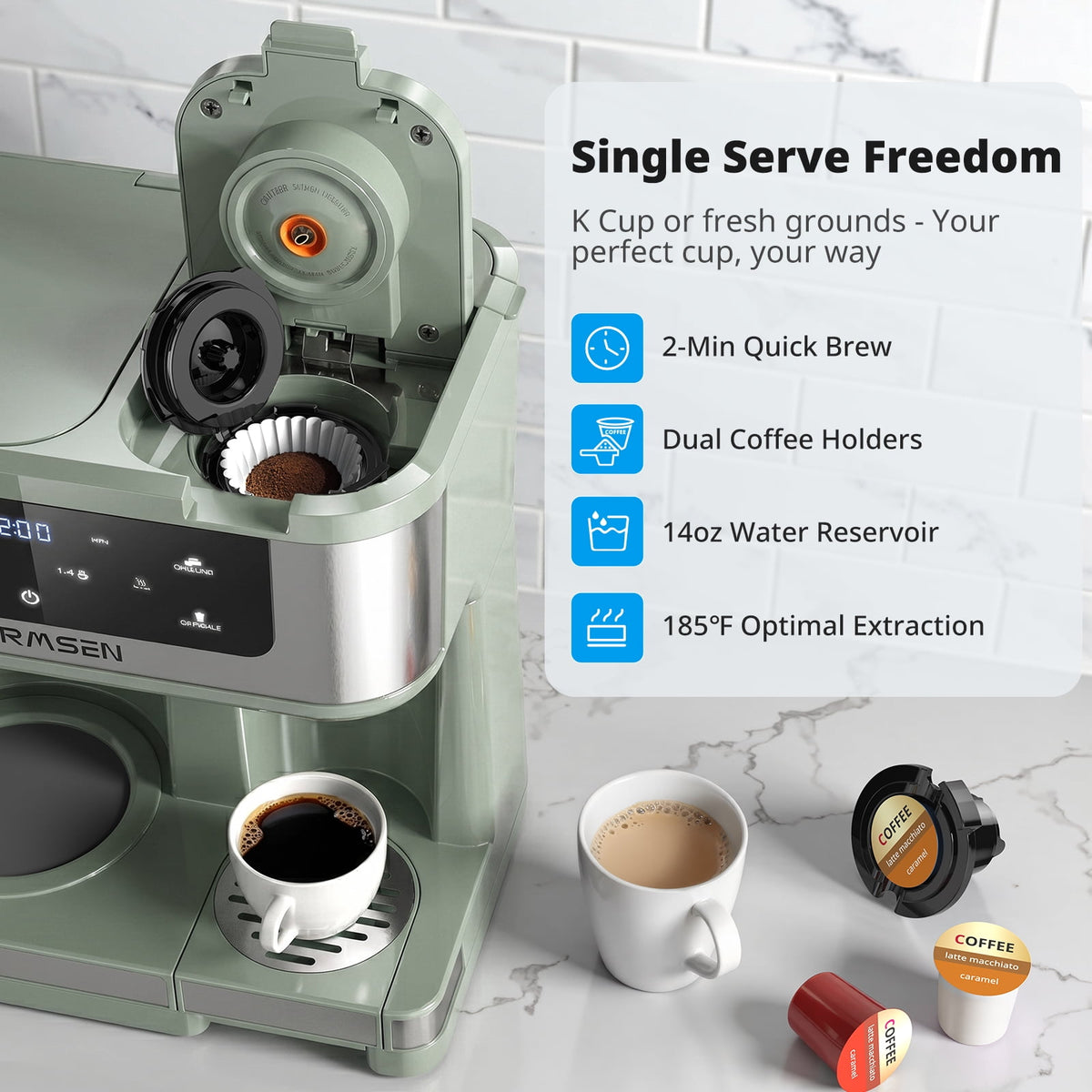 AIRMSEN 12-Cup Drip Coffee Maker with K Cup Combo, Programmable Coffee Machine with 1-4 Cup Setting, Single Serve or Coffee Pot, Auto Shut-off, Spill-Free Spout