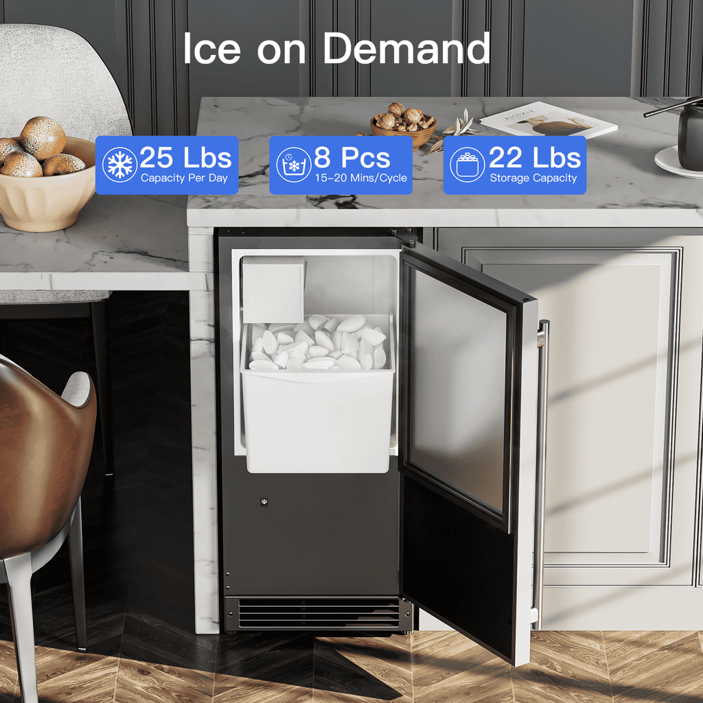 OUTBID 15" Under Counter Ice Maker Drainless, 25 lbs/24H Crescent Ice Machine with 22 lbs Storagefor Home Bar Kitchen Commercial, ETL