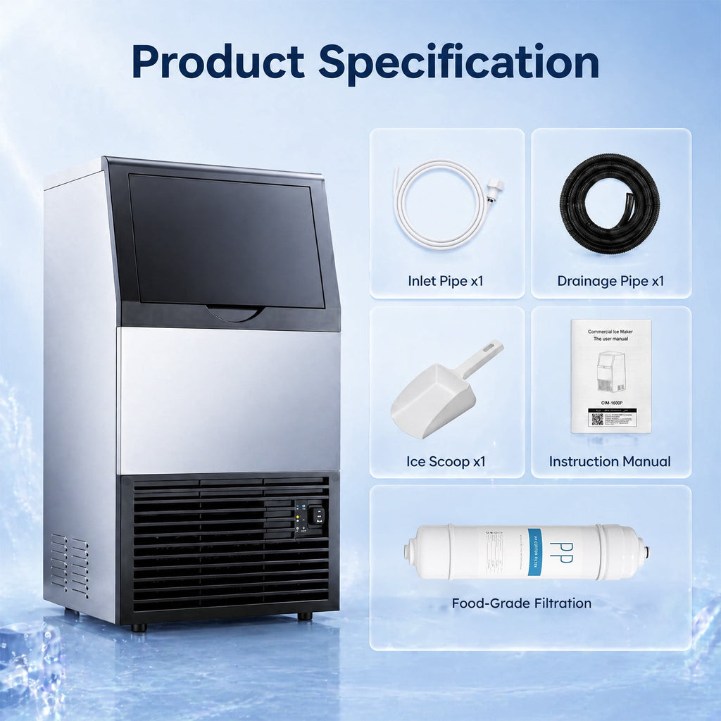 Ecojoy Commercial Ice Maker Machine, 150 Lbs/Day Stainless Steel Under Counter Ice Maker, 40Lbs Ice Storage Bin, Water Filter, 45 Cubes in 8-12 Mins