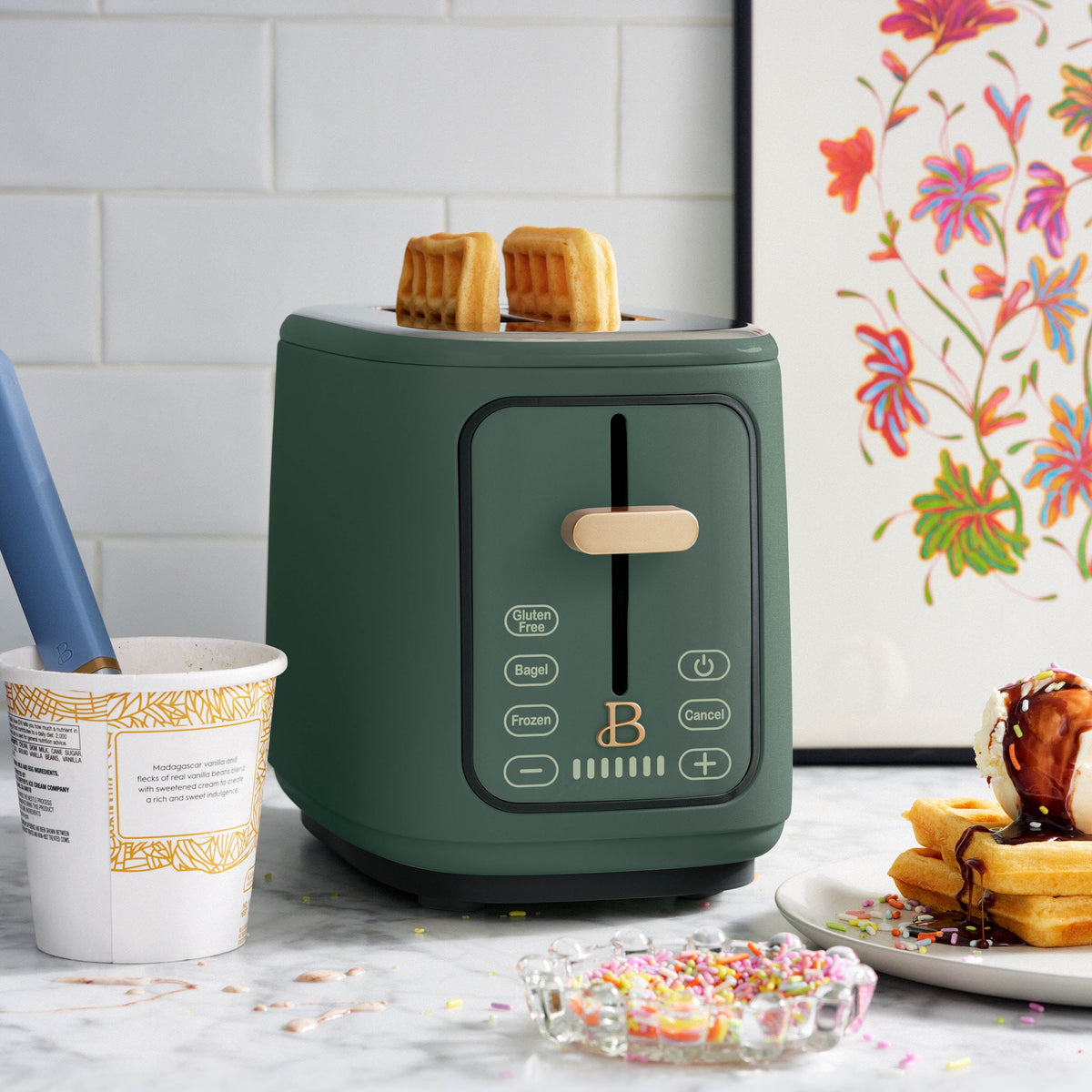 Beautiful 2 Slice Toaster with Touch-Activated Display, Thyme Green by Drew Barrymore