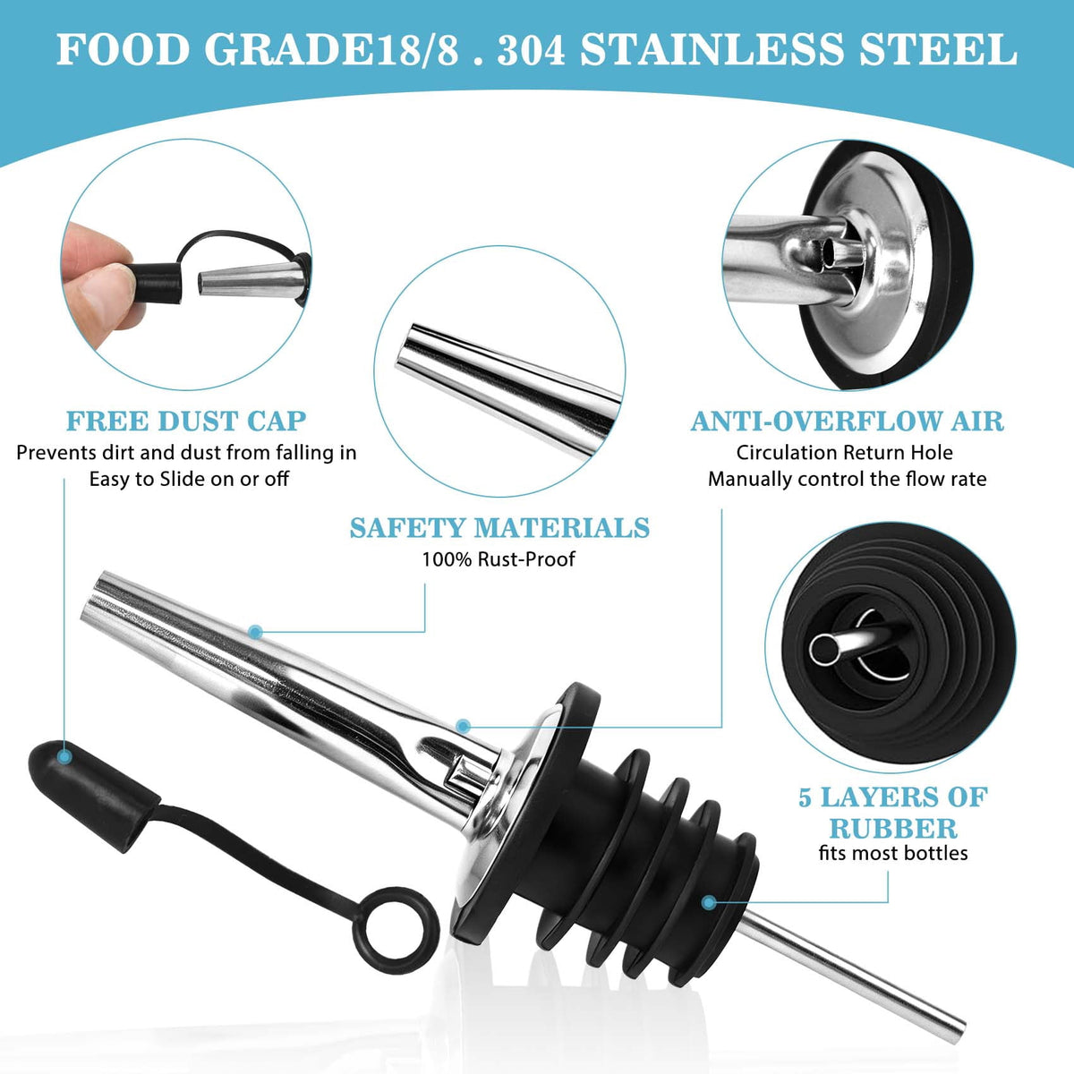 12 Pcs Liquor Pour Spouts with Dust Caps, Stainless Steel Bottle Pourers for Alcohol for Bar, Home Bartending & Kitchen, Bar Bartender Accessories