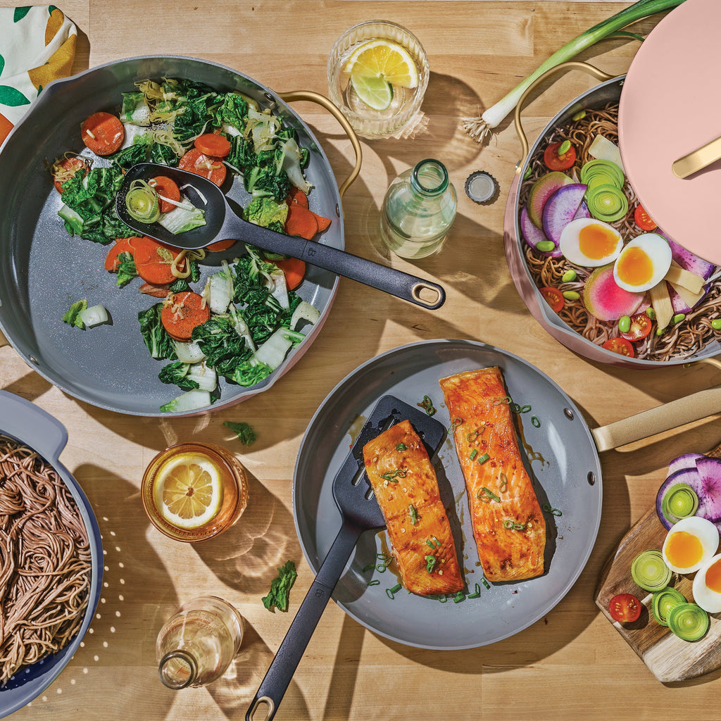 Beautiful 12-Piece Cookware Set, Pots and Pans with Strainer Lids and EverGood Ceramic Nonstick Coating, White Icing by Drew Barrymore