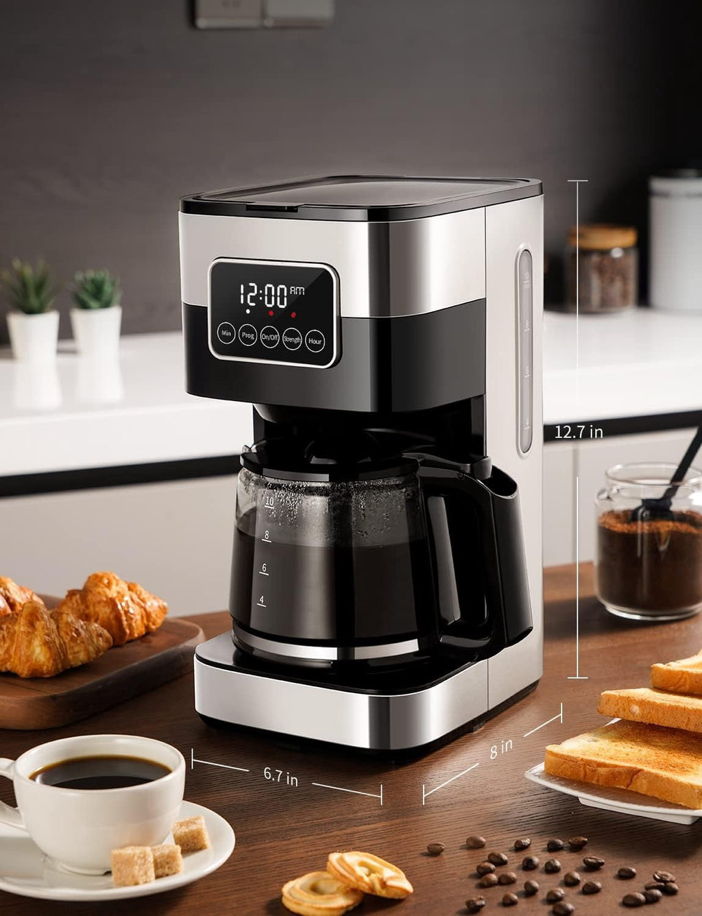8-Cup Programmable Coffee Maker with Thermal Carafe, Touch Screen Timer, Auto Shut off & Pause-Serve Feature, Strong Brew Option, Stainless Steel & Black