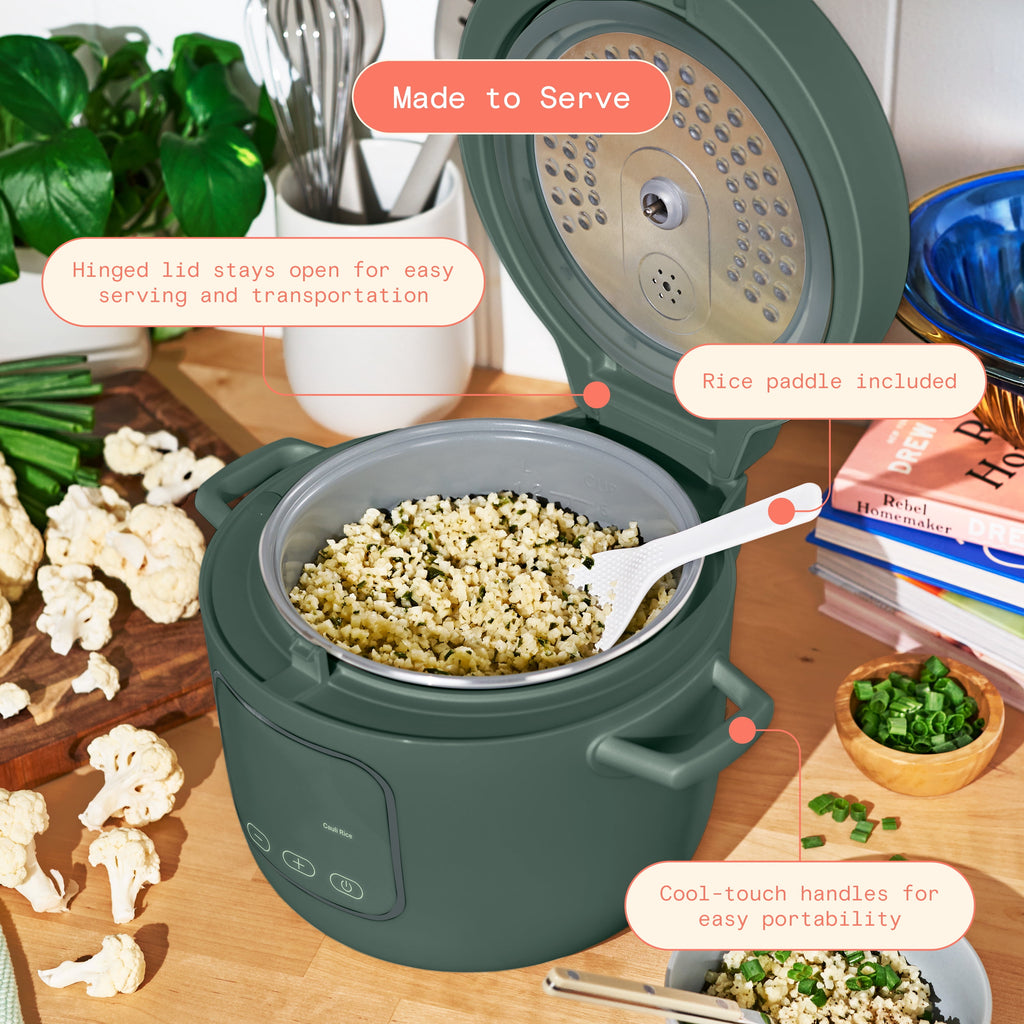 Beautiful 14-Cup Cooked, 6-Cups Uncooked Electric Rice and Grain Cooker, EverGood Ceramic Nonstick Coating, Thyme Green by Drew Barrymore