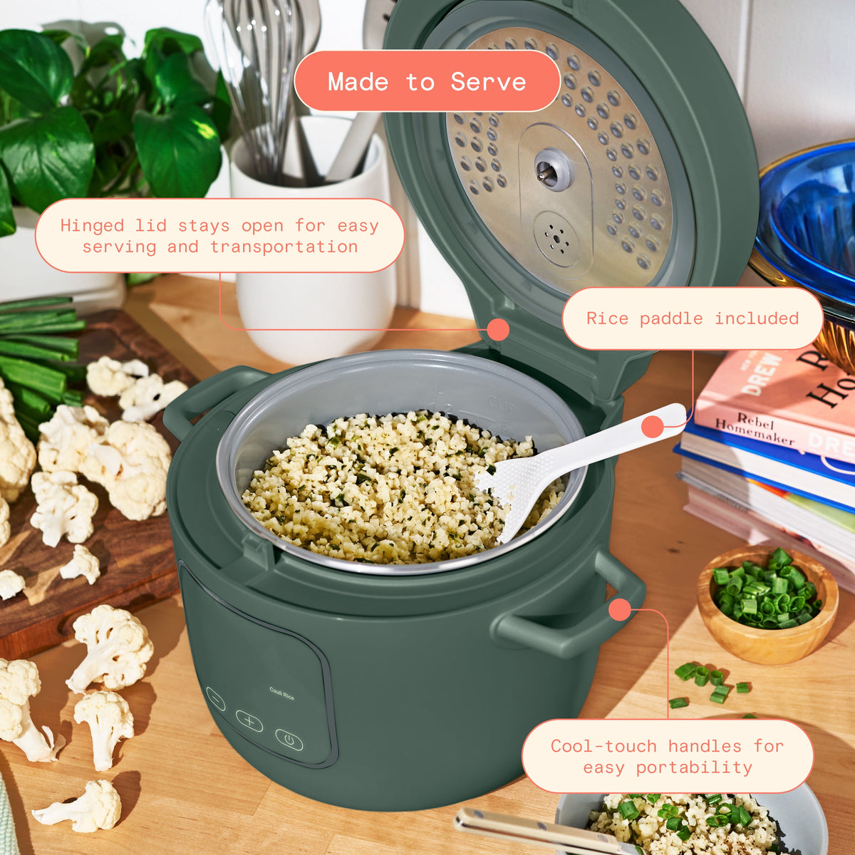 Beautiful 14-Cup Cooked, 6-Cups Uncooked Electric Rice and Grain Cooker, EverGood Ceramic Nonstick Coating, Thyme Green by Drew Barrymore
