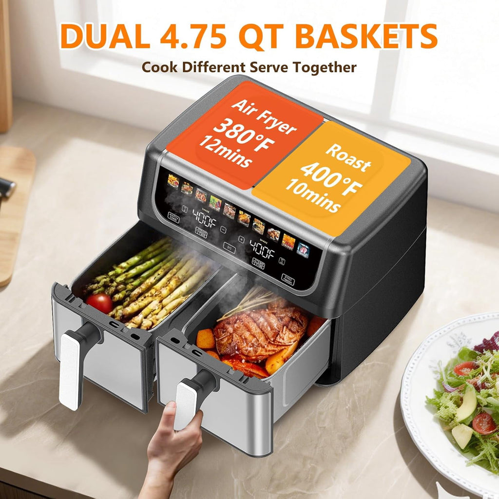 EDX 9QT Dual Basket Stainless Steel Air Fryer with Digital Sync & Match Cook, 1700W, 10 Presets, 2 Independent Cooking Zones, Shake Reminder, Black