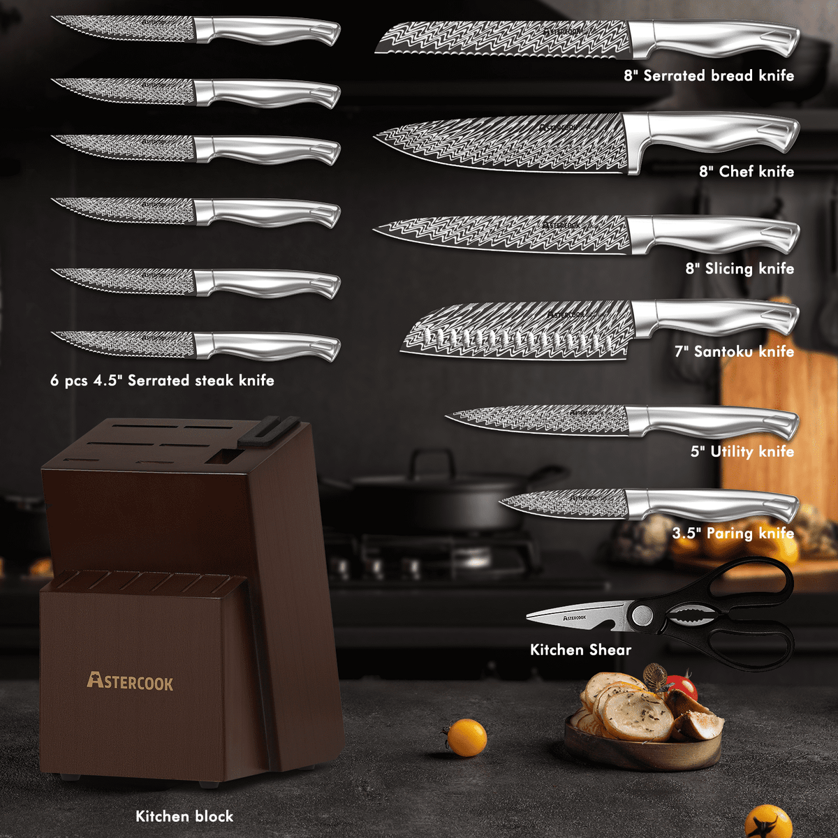 Astercook 14 Piece Kitchen Knife Set with Block and Built-in Sharpener, Full Tang Knives Sets German Stainless Steel, Dishwasher Safe Silver