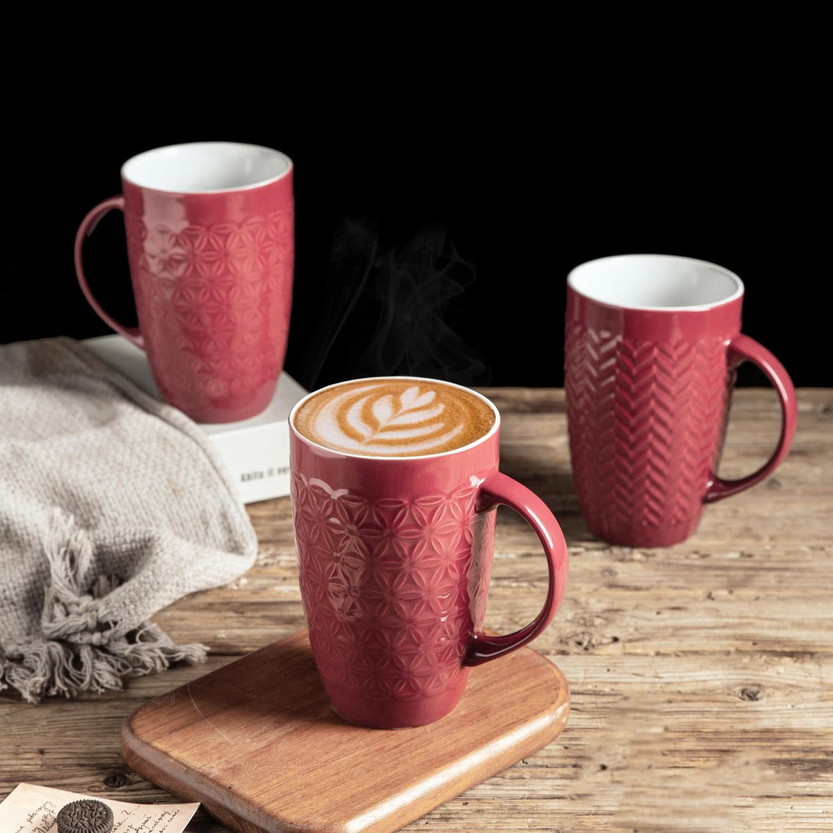 AmorArc Extra Large Coffee Mugs Set of 6, 20oz Ceramic Tall Coffee Mugs Set with Textured Geometric Patterns for Coffee/Tea/Beer/Hot Cocoa, Dishwasher & Microwave Safe,Beige