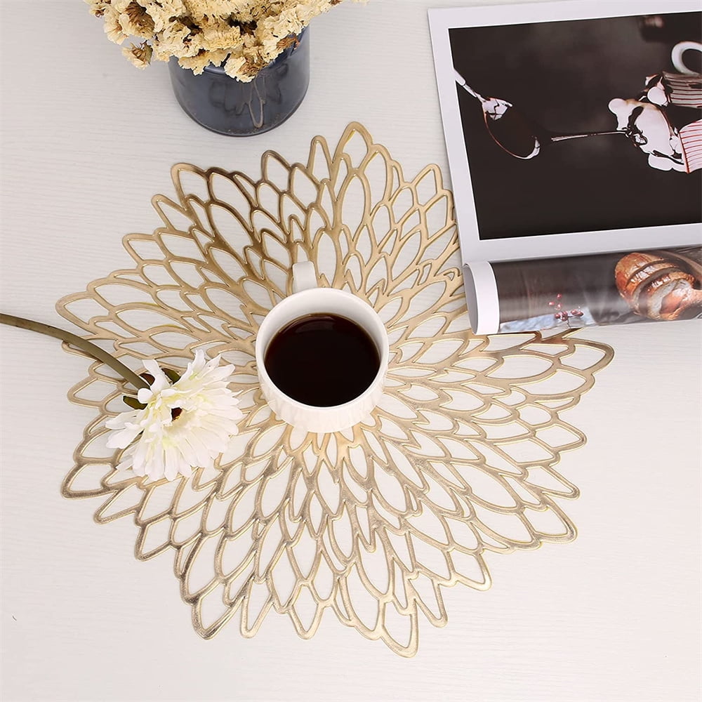 Vinyl Placemats Non-Slip Washable Heat Resistant Round PVC Table Mats for Morden Kitchen Dining Table Wedding,Gold