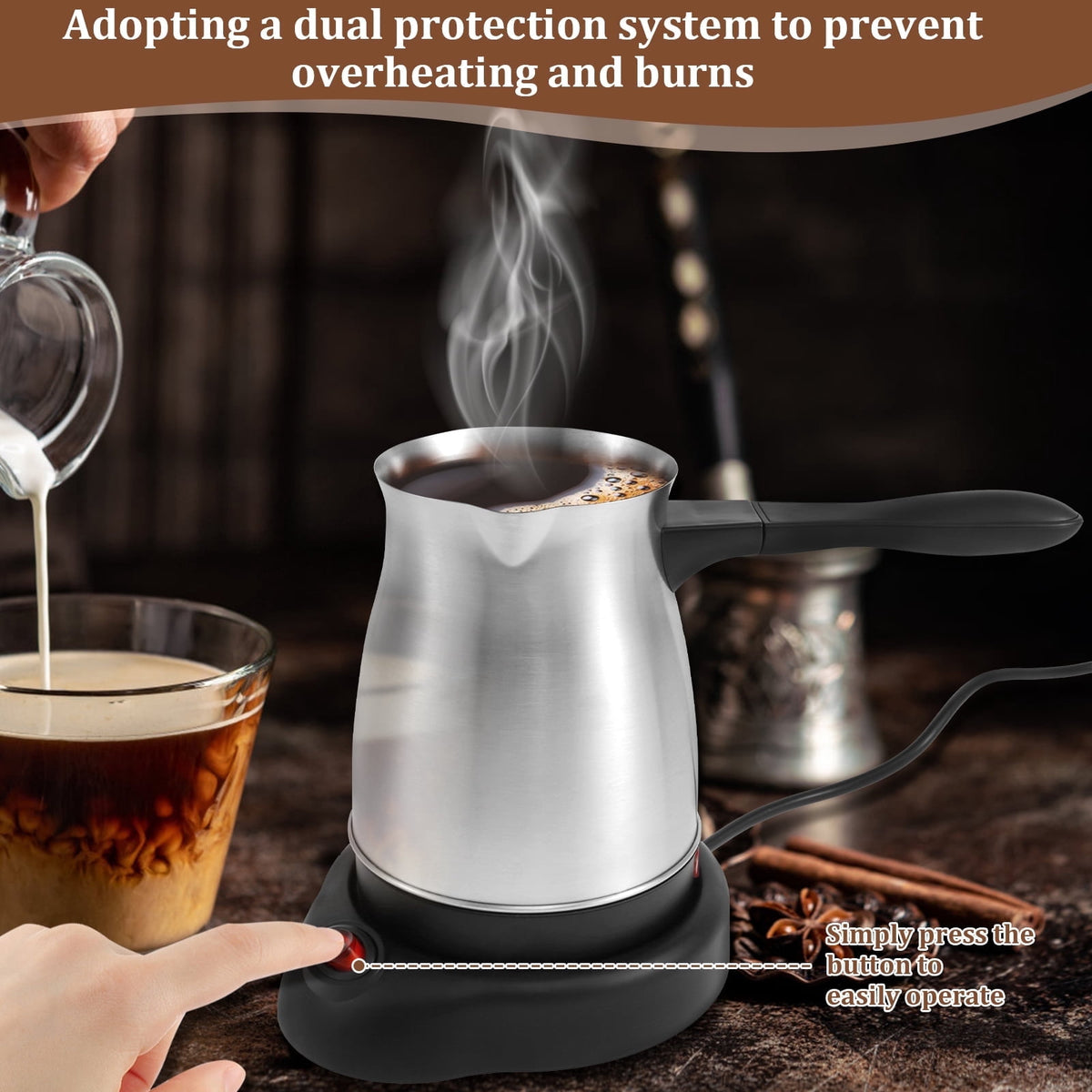 FUYGRCJ Turkish Coffee Maker, 600ml Stainless Steel Electric Turkish Coffee Machine, 5 to 6 Cups Capacity Greek Coffee Machine with Ergonomic Handle, Enduring Fast Heating 110V Turkish Coffee Maker
