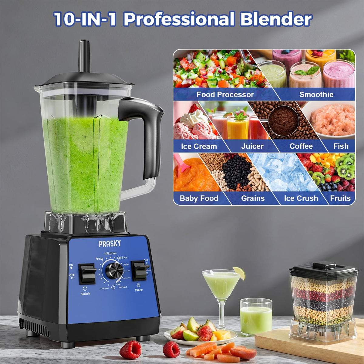 PRASKY Countertop Blender, 2-in-1 Professional Blender, 68oz Capacity 1000W 6 Speeds Blender for Kitchen with 25oz to-go Cup (Black)