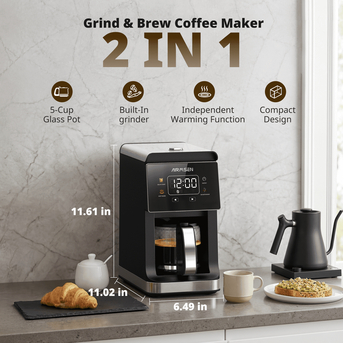 AIRMSEN 2 in 1 Coffee Maker with Grinder, 5-Cup Grind and Brew Coffee Pot, Programmable Coffee Machine, 3 Grind Settings, Up to 4-Hour Keep Warm & 24-Hour Delay Brew