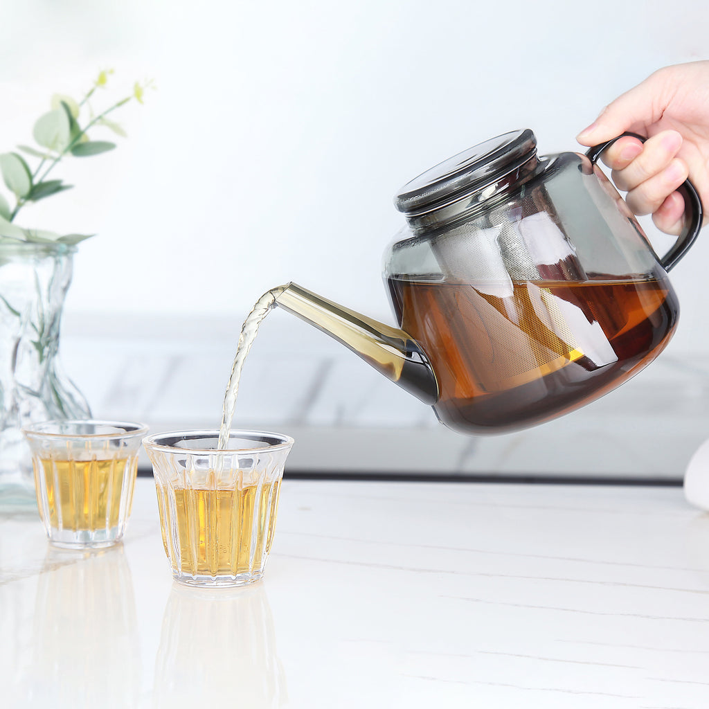 Easyworkz Borosilicate Glass Teapot 50oz with Large Stainless Steel Removable Loose Tea Infuser for Fruit Herbal and Infusion, Smoke Grey