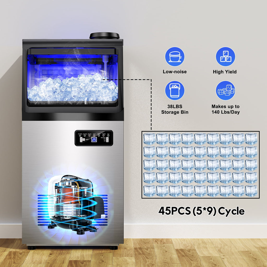 TITTLA Commercial Ice Maker 88Lbs/24H,Freestanding Built-in Ice Machine with 23 lbs Storage,5x9 Cubed Ice,Stainless Steel