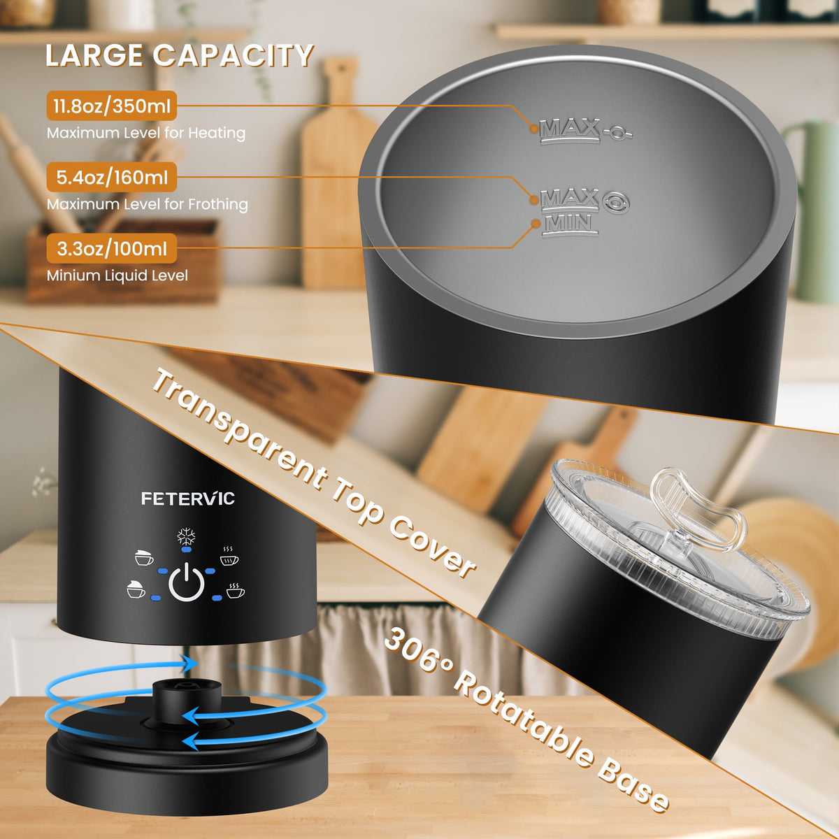 FETERVIC 5-in-1 Electric Frother, Touch Control Automatic Foam Maker, Warm Cold Heating Function for Latte Cappuccino Hot Chocolate