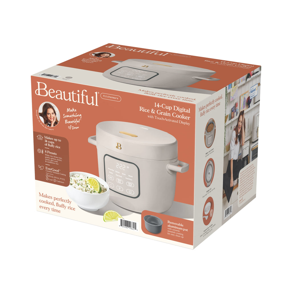 Beautiful 14-Cup Cooked, 6-Cups Uncooked Electric Rice and Grain Cooker, EverGood Ceramic Nonstick Coating, Thyme Green by Drew Barrymore