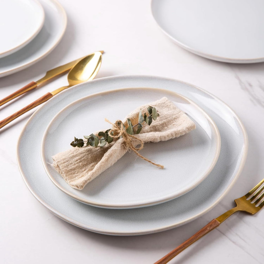 AmorArc Ceramic Plates Set of 6, 8.5 Inch Handmade Reactive Glaze Stoneware Plates set for Dessert, Salad, Appetizer, Dinner, Microwave & Dishwasher Safe, Scratch Resistant-Pearl White