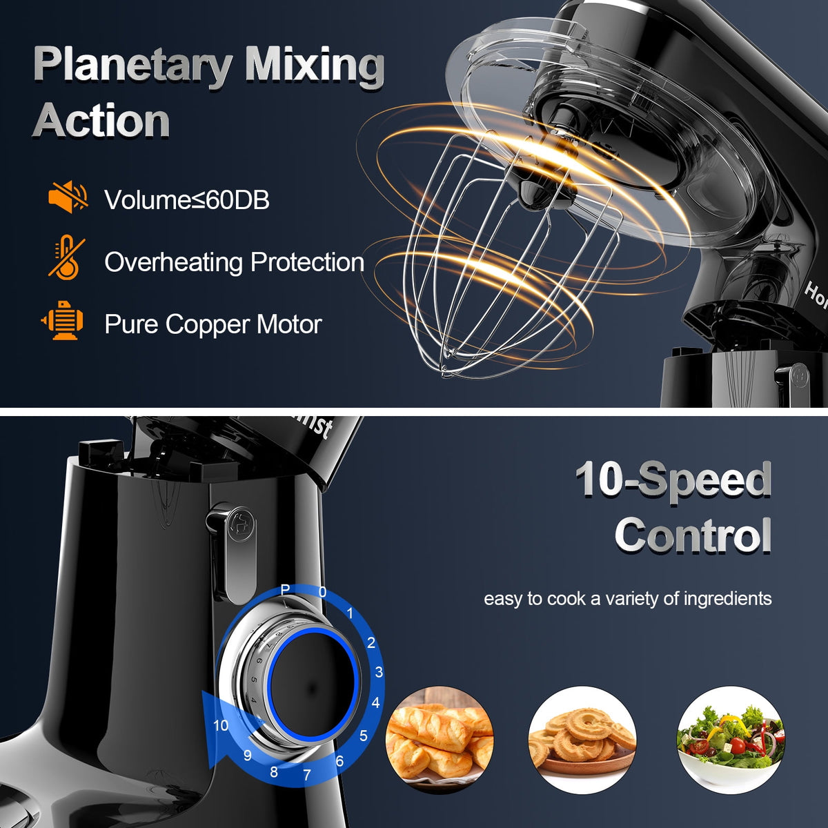 Honinst 6.5 QT Electric Stand Mixer, 10+P Speeds Lightweight with Tilt-Head Kitchen Stand Mixer, Dough Hook, Whisk, Beater and Bowl, Food Mixer for Baking, Cake and Most Home Cooks