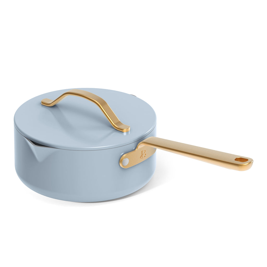 Beautiful 12-Piece Cookware Set, Pots and Pans with Strainer Lids and EverGood Ceramic Nonstick Coating, White Icing by Drew Barrymore