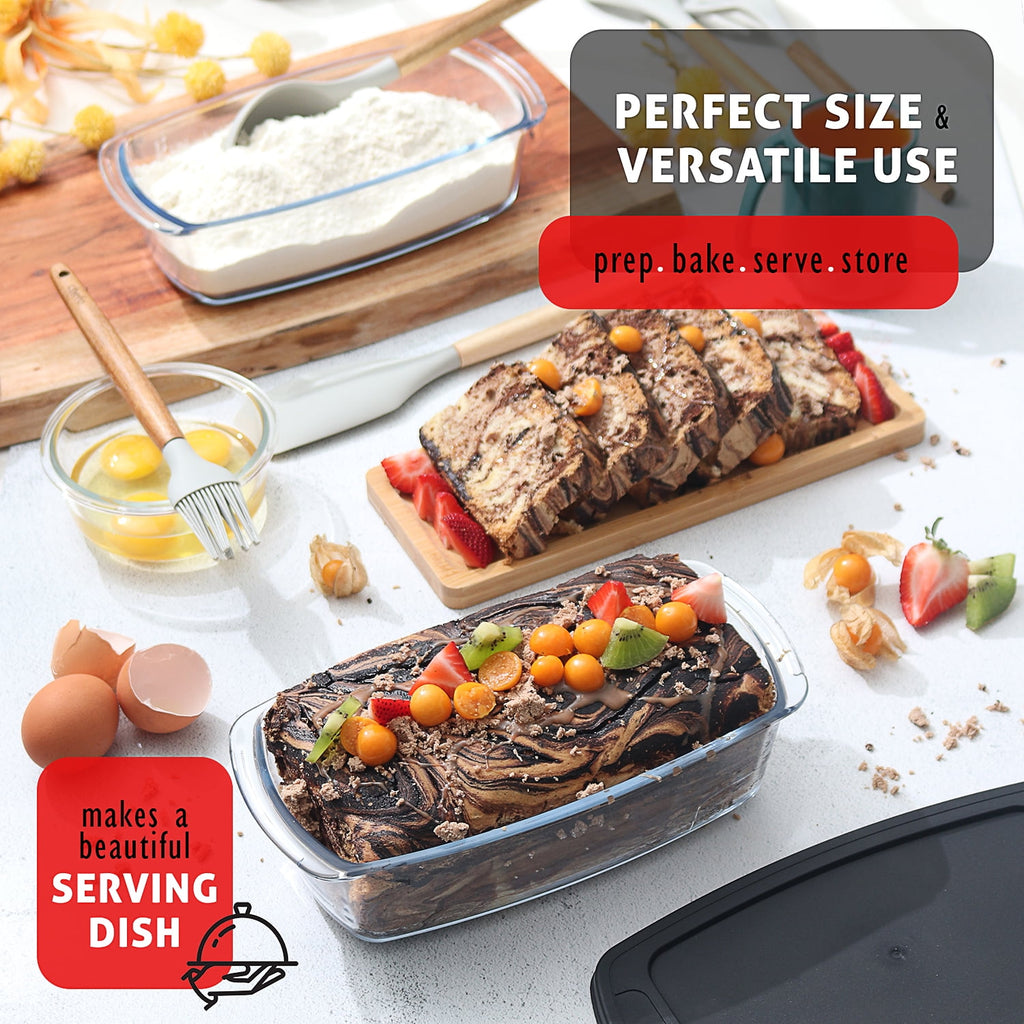 Virtu Glass Bread Loaf Pan, 6pc Glass Baking Dish with Lid, Food Storage Container, Black