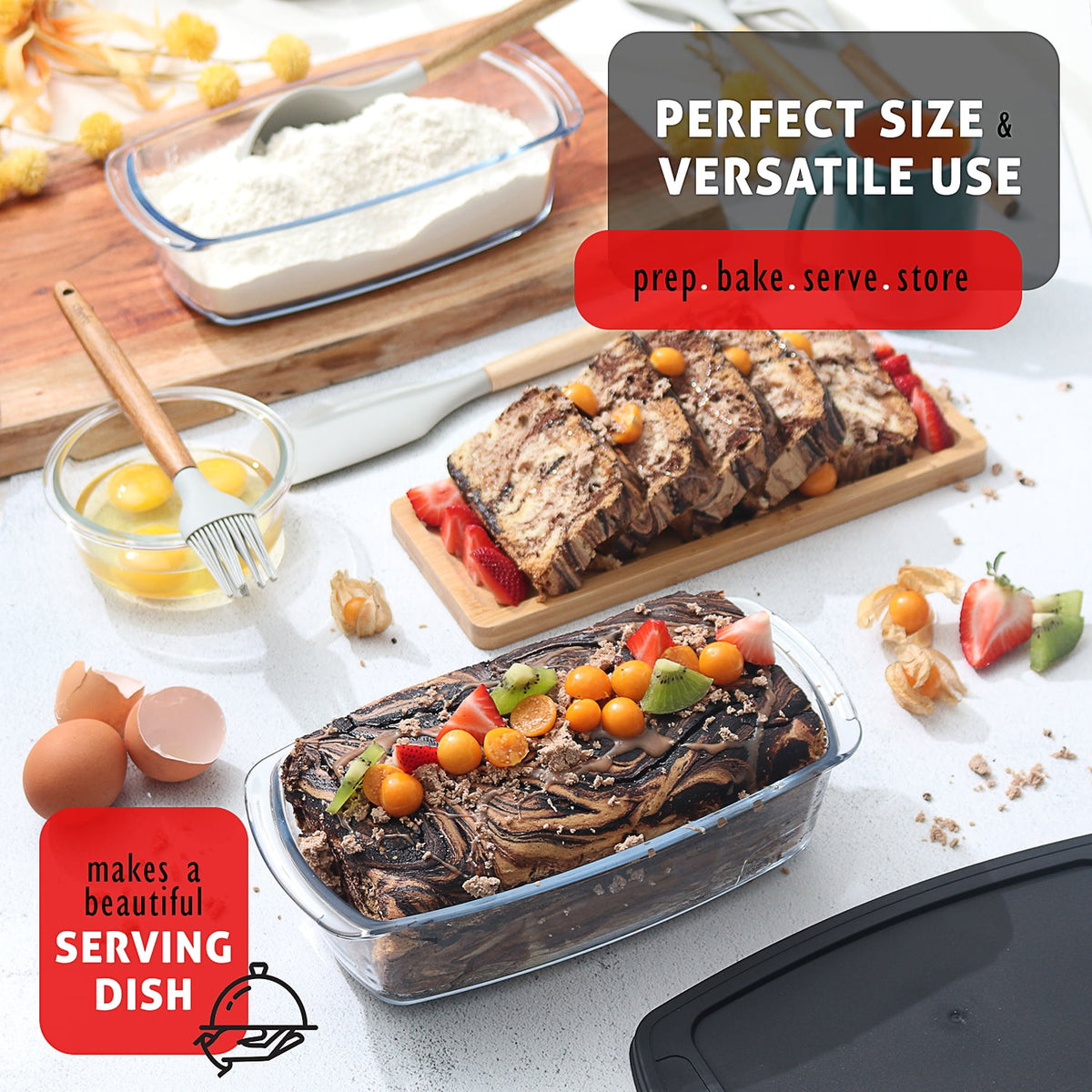 Virtu Glass Bread Loaf Pan, 6pc Glass Baking Dish with Lid, Food Storage Container, Black