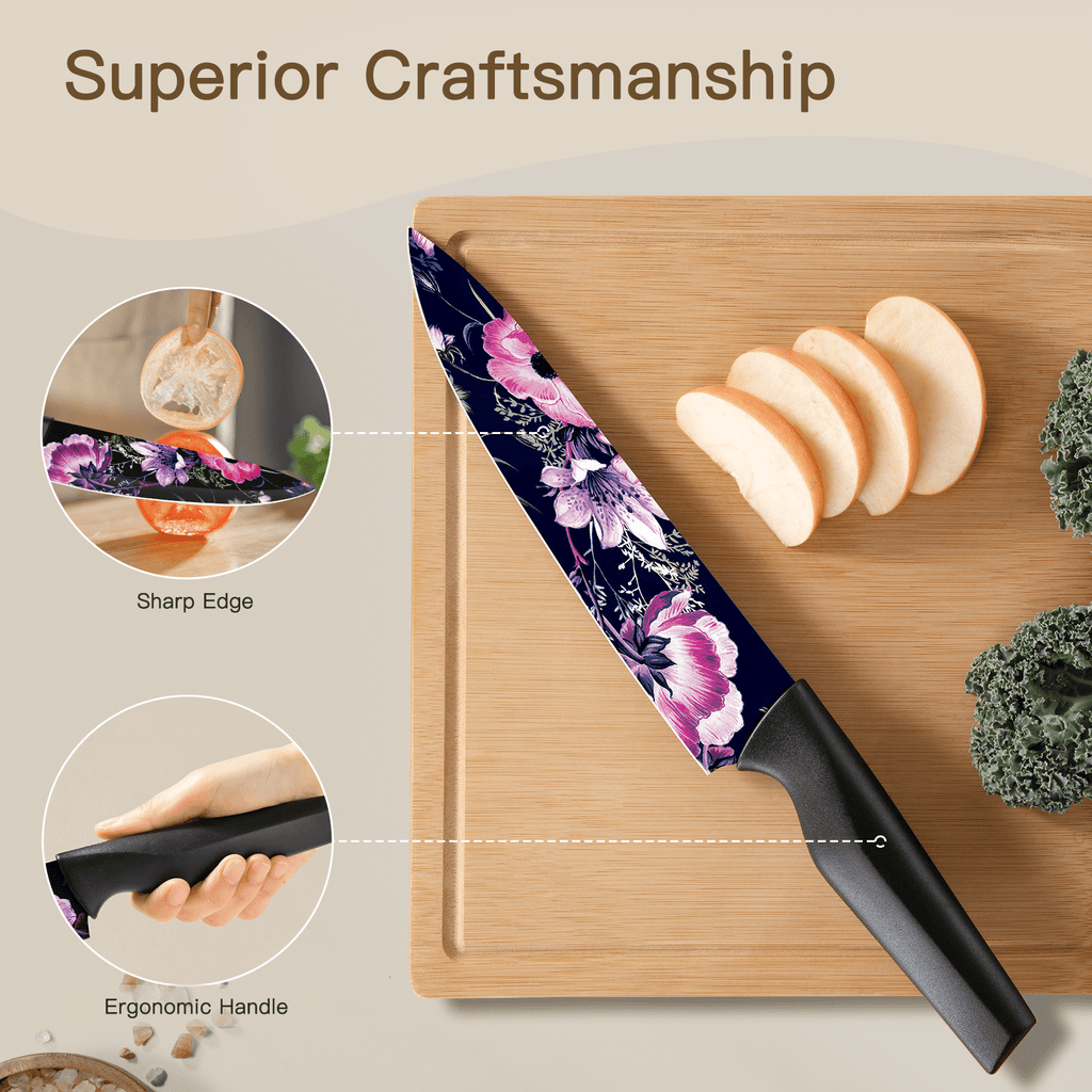 Astercook 6 Piece Flower Kitchen Knife Set, German High Carbon Stainless Steel Knives Sets with 6 Blade Guards Dishwasher Safe, Perfect Gifts for Kitchen