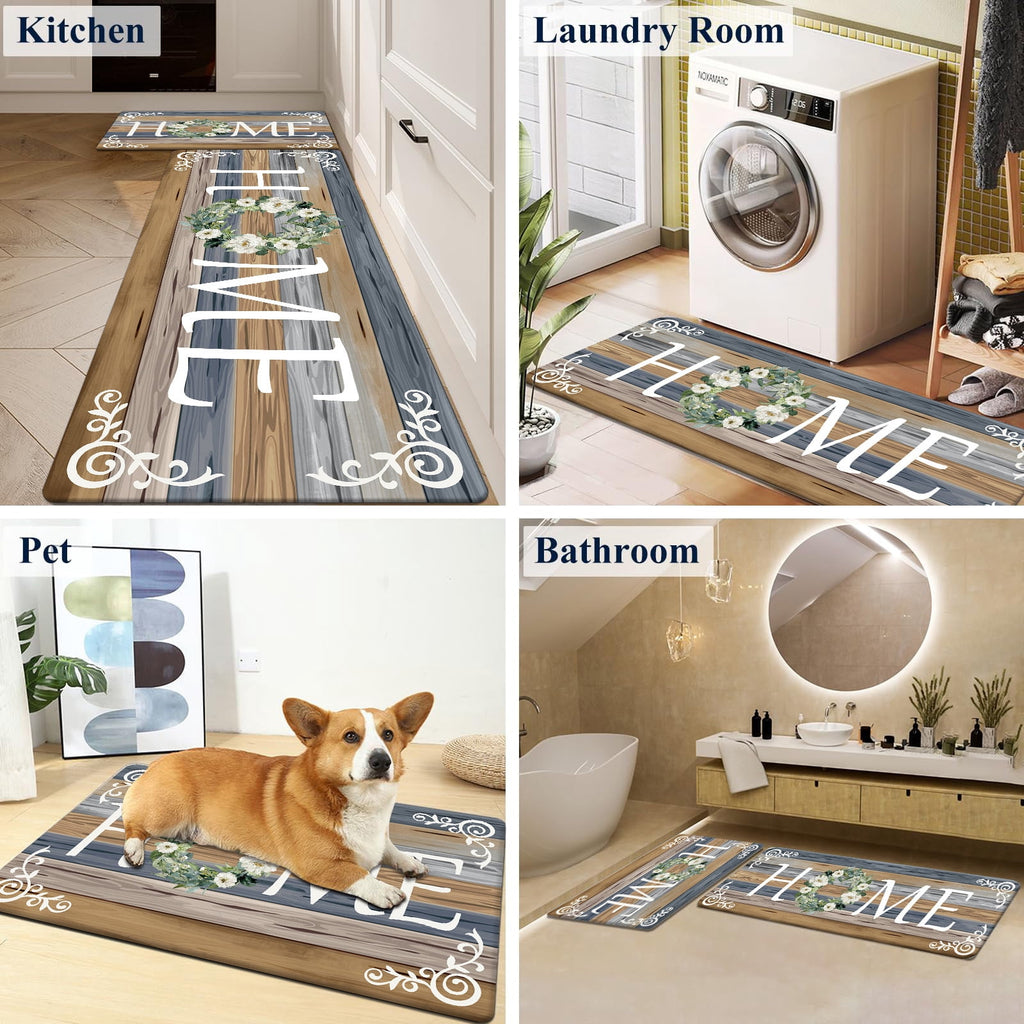 Findosom 2pcs Anti Fatigue Kitchen Rug Set,18"x30"+18"x47" Waterproof Non Slip Kitchen Runner Rug,0.4" Thick Cushioned Kitchen Floor Mats,Ergonomic Standing Mats Back Pain Relief Laundry Foam Rug