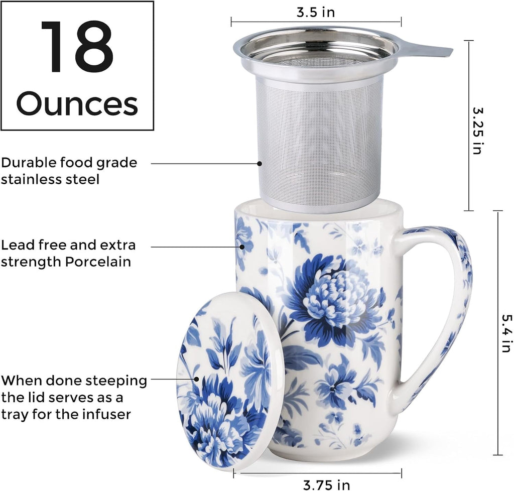 AmorArc Porcelain Tea Mug with Infuser and Lids, 18 Oz Cup Strainer Bag Holder for Loose Leaf Tea, Steeping Coffee Well-wrapped Box House-warming Wedding Birthday Gift, YelloRed