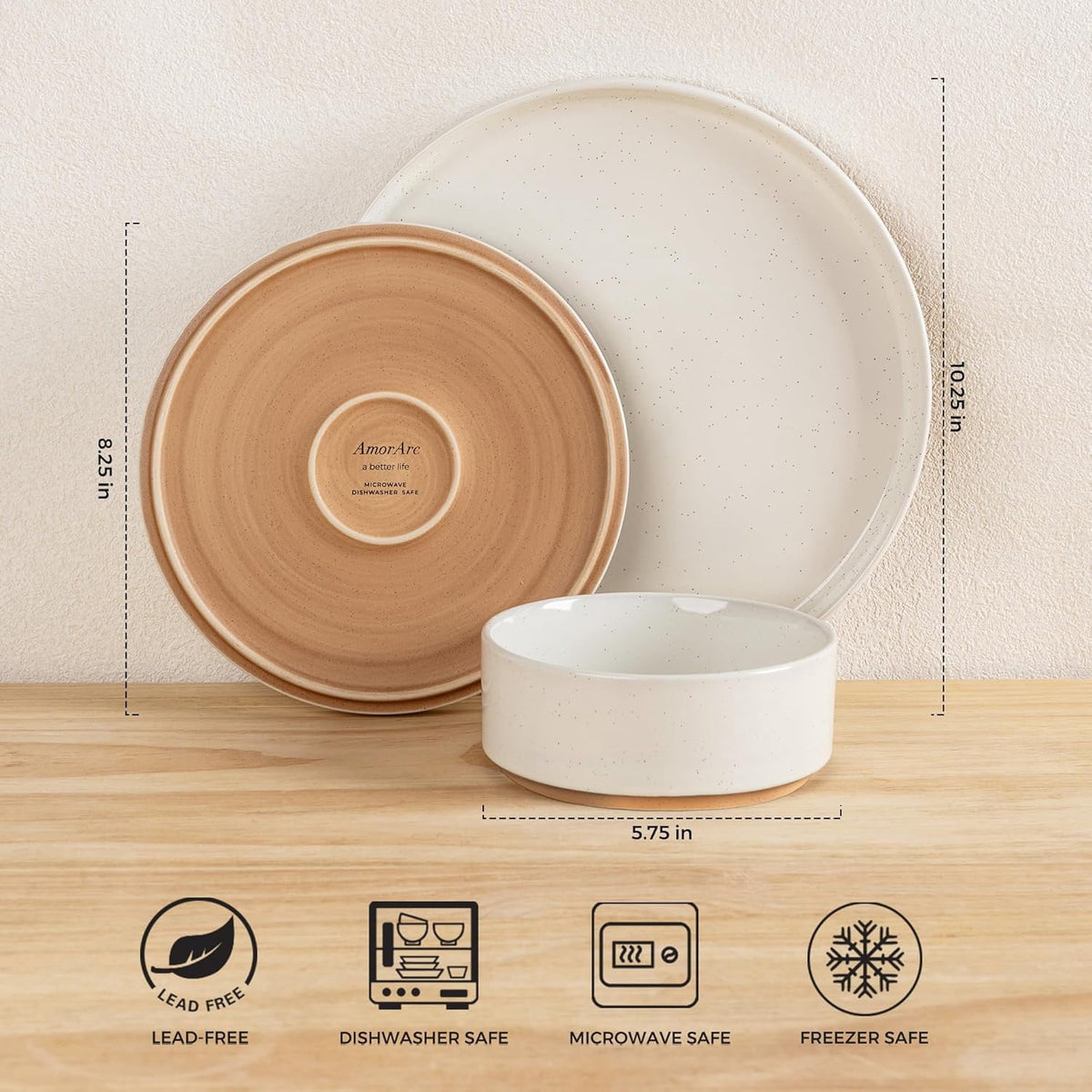 AmorArc Ceramic Dinnerware Set for 4 | Speckled Stoneware Plates and Bowls with unglazed terracotta | Scratch Resistant, Dishwasher & Microwave Safe Dishes Sets- 12-Pcs Pink