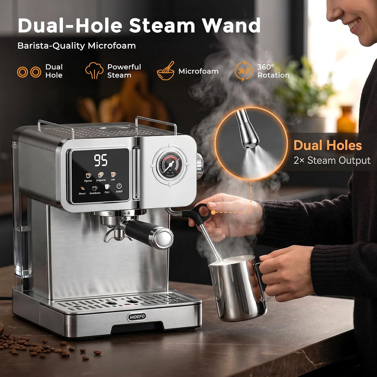 MOEFO 58mm Espresso Machine with Milk Frother, Semi Automatic Coffee Maker with Touchscreen LCD Display & Pressure Gauge, Stainless Steel Espresso Maker for Latte, Cappuccino and Americano, Silver