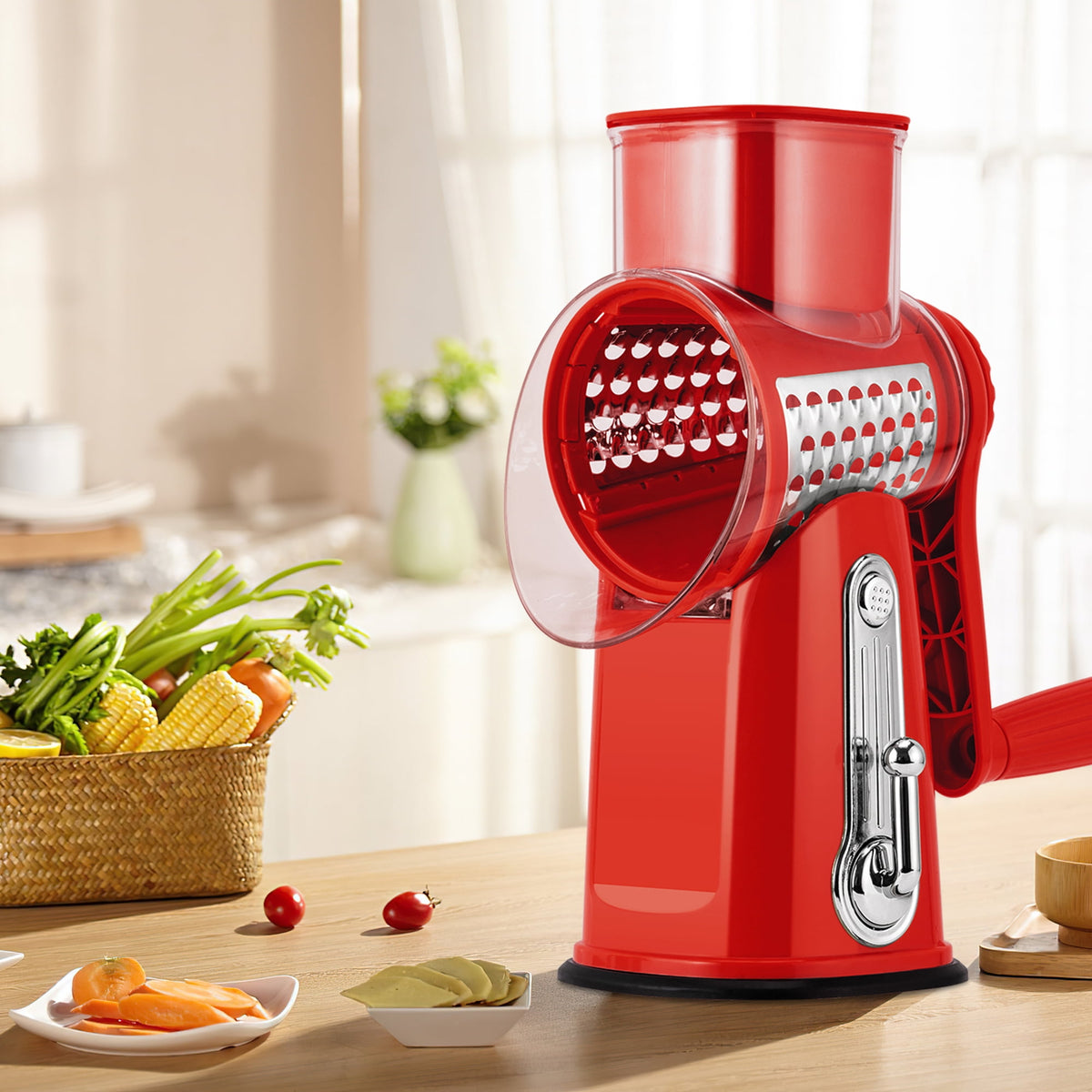 Pukomc Rotary Cheese Grater with Handle- 5 Blades, Suction Base, Mandoline Slicer & Veg Shredder with Blade Storage Box(Green)