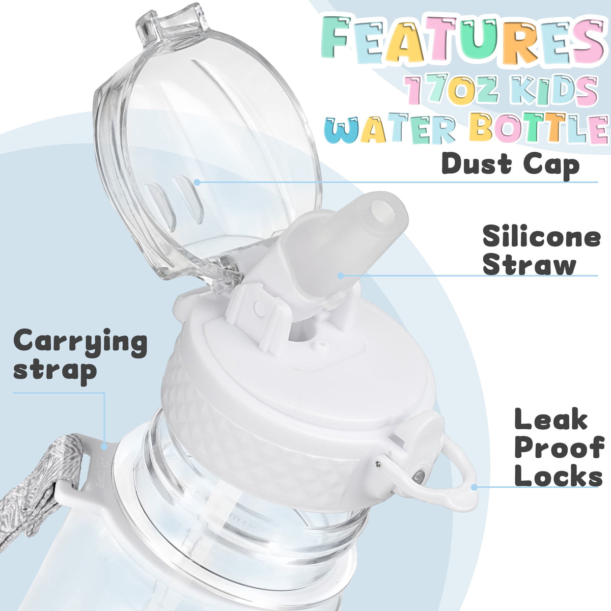 Oldley Transparent Tritan Kids Bottle – 17oz Straw Water Bottle with One-Hand Open Button, Lockable Leak-Proof Lid, Ideal for Daily Hydration