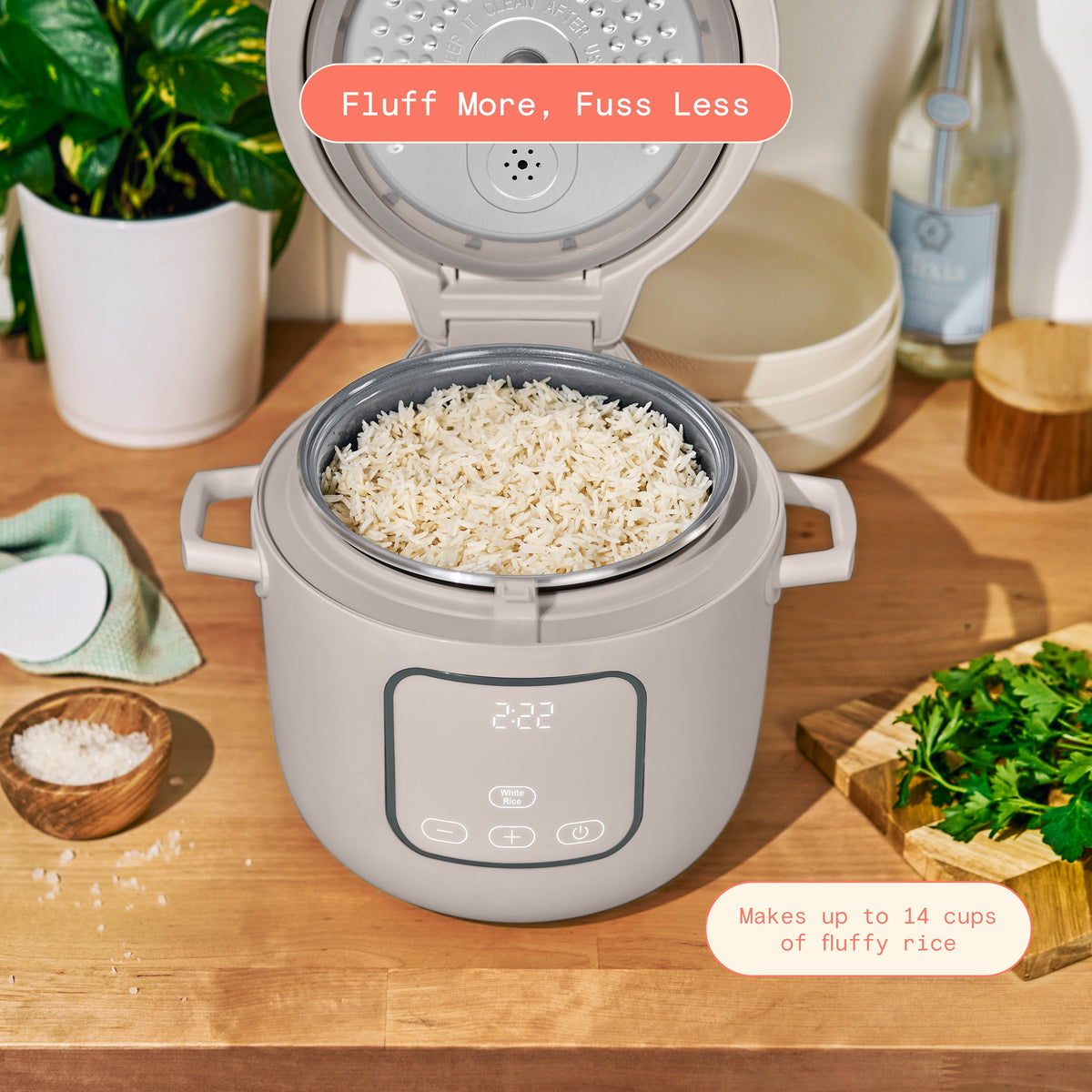 Beautiful 14-Cup Cooked, 6-Cups Uncooked Electric Rice and Grain Cooker, EverGood Ceramic Nonstick Coating, Thyme Green by Drew Barrymore