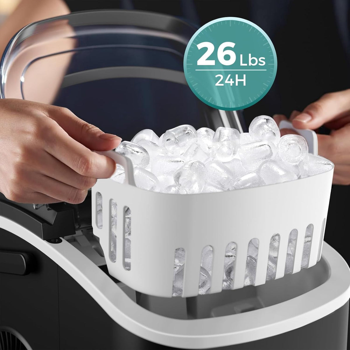 Havato Countertop Ice Maker, 8 Bullet Ice Cubes in 6 Mins, 26lbs/24H, w/ Scoop & Basket, White