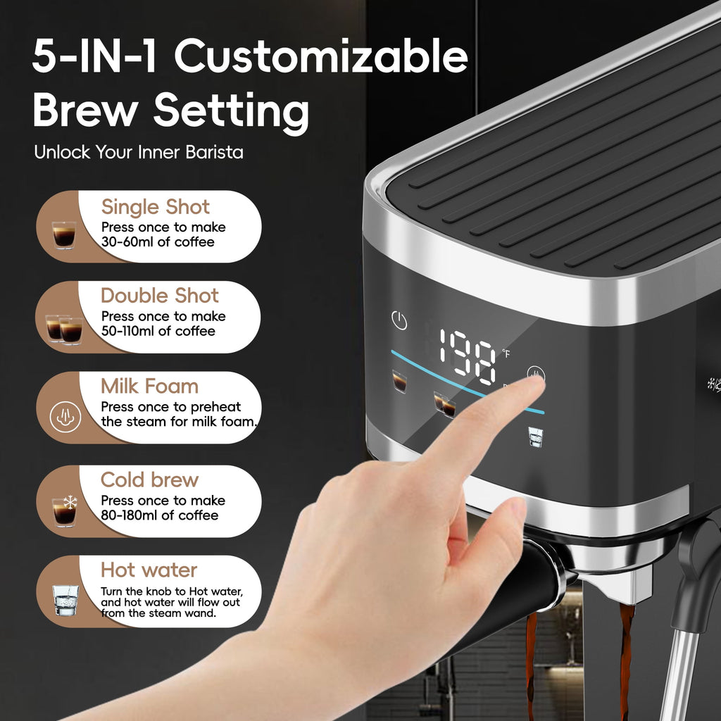 WHALL 20 Bar Touchscreen Espresso Machine & Coffee Maker – With Milk Frother Steam Wand, Stainless Steel Build & Removable Water Tank (New)