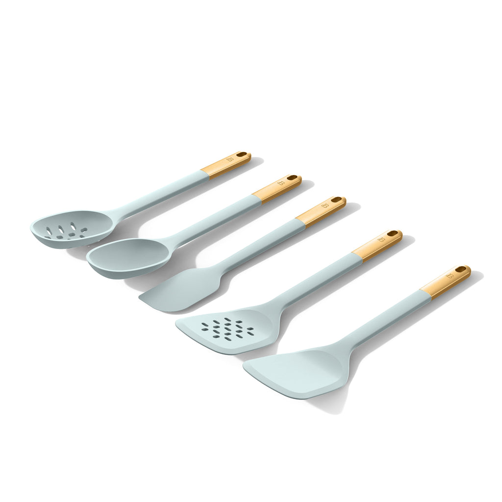 Beautiful 6-Piece Silicone Kitchen Tool Set with Ceramic Crock, Chocolate by Drew Barrymore
