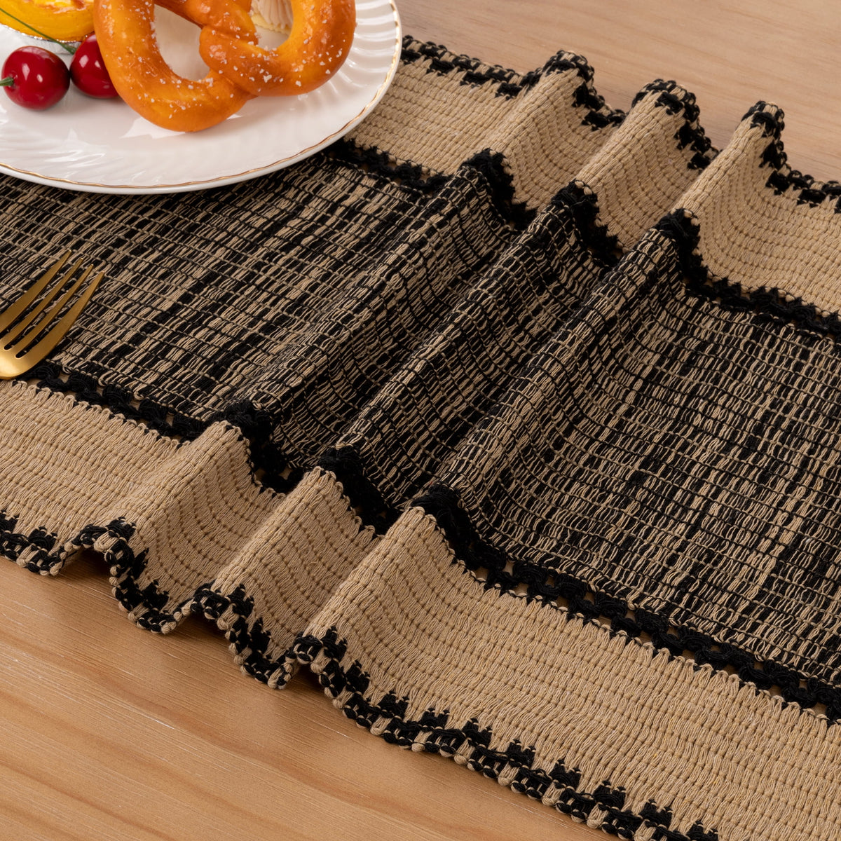 MeyJey Table Runner and Placemats Set of 4, Washable Fabric Rectangle Dining Table Mats with Tassels for Dining Tables, Kitchen, Red/Beige