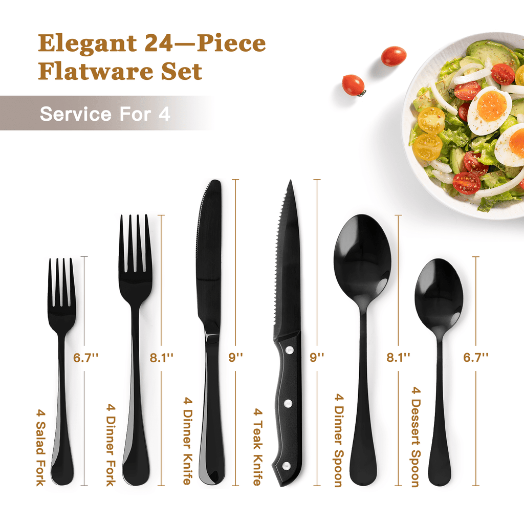 Astercook 25-Pieces Black Silverware Set with Steak Knives, Black Flatware Set for 4, Food-Grade Stainless Steel Tableware Cutlery Set, Eating Mirror Polished Utensil Set for Home Restaurant