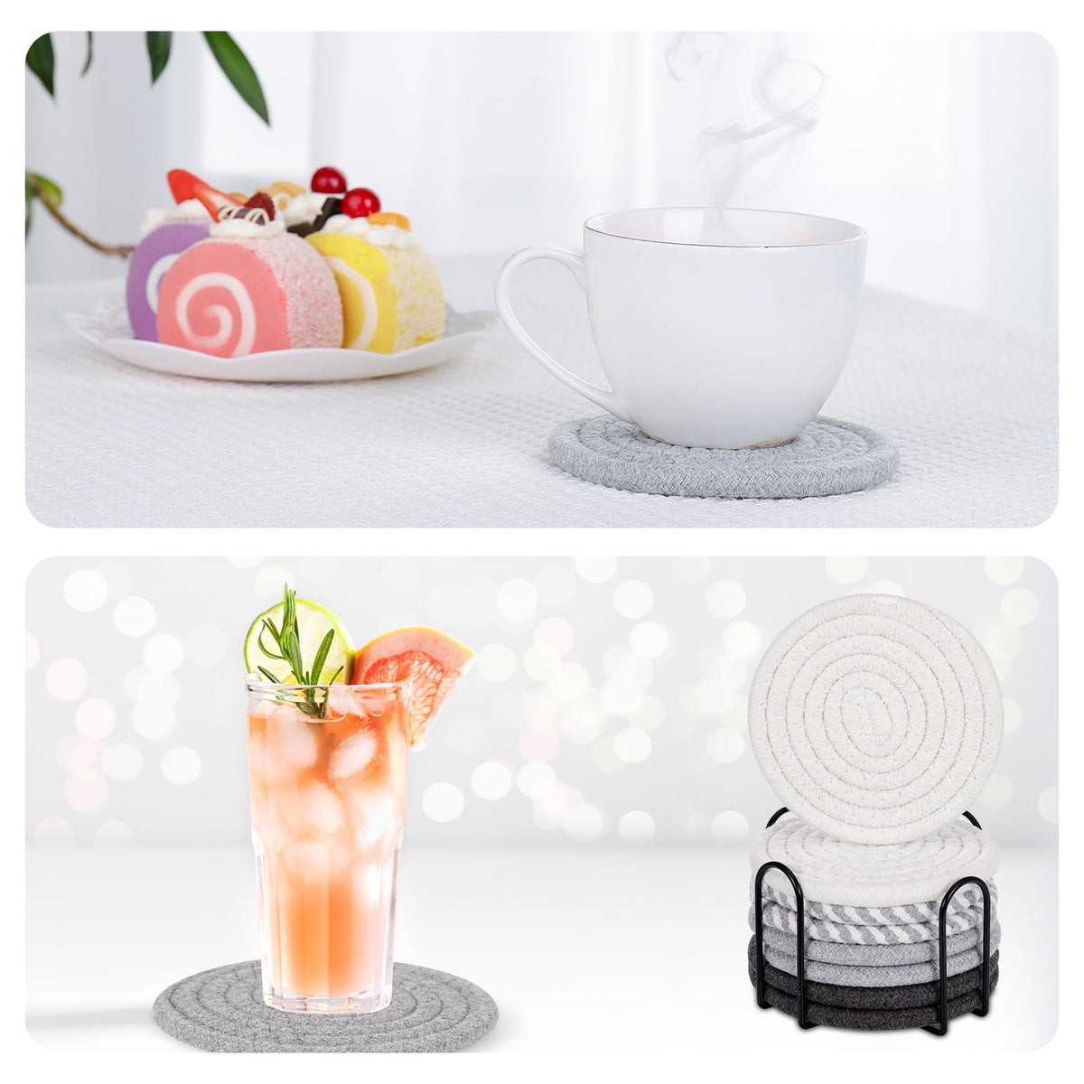 AOWOO 8 Pcs Drink Coasters with Holder, Cotton Woven Absorbent Coasters for Drinks, Minimalist Home Decor Coaster Set for Wooden Tabletop Protection Table(Color 1)
