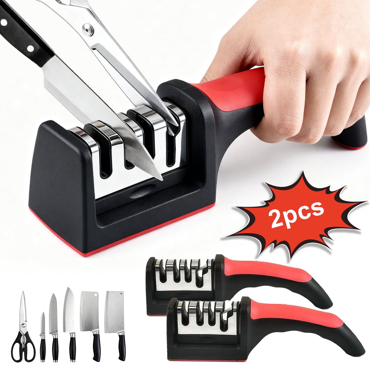 AGCAN 2 Pack Knife Sharpener, 4-Stage Kitchen Knife Sharpeners with Non-slip Base, Knife Sharpening System for Kitchen Knives, Scissors