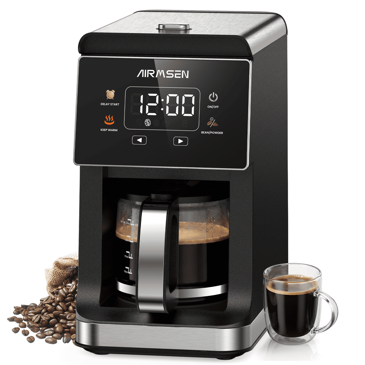 AIRMSEN 2 in 1 Coffee Maker with Grinder, 5-Cup Grind and Brew Coffee Pot, Programmable Coffee Machine, 3 Grind Settings, Up to 4-Hour Keep Warm & 24-Hour Delay Brew