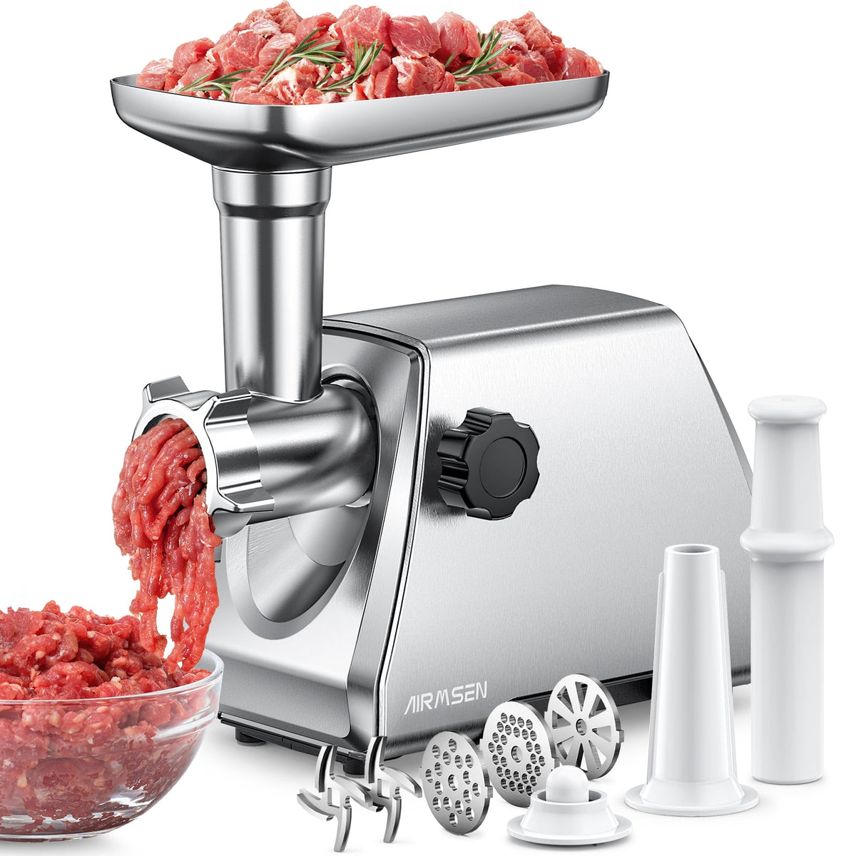 AIRMSEN Stainless Steel Meat Grinder, Electric 3 in 1 Meat Mincer with 2 Blades & 3 Plates, Sausage & Kubbe Maker Kit, Fixed Lock, Double Switch, Food Grinder for Home Kitchen Use