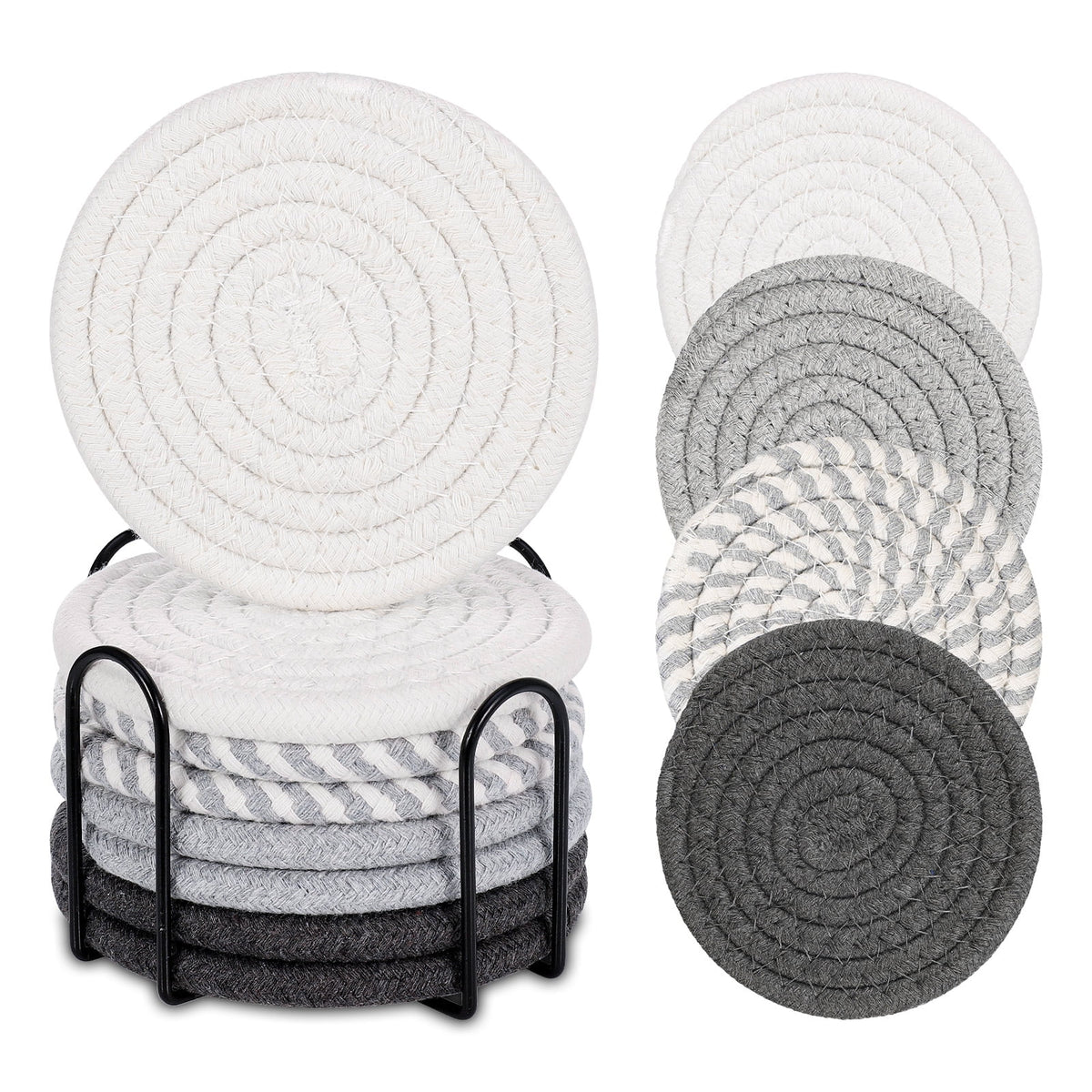 AOWOO 8 Pcs Drink Coasters with Holder, Cotton Woven Absorbent Coasters for Drinks, Minimalist Home Decor Coaster Set for Wooden Tabletop Protection Table(Color 1)