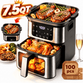Air Fryer+Grill Plate, 7.5 Quart 8-in-1 Dual Mode Air Fryer with Window, 120-Min Timer, Max 400°F, Auto Shut Off & Nonstick Dishwasher Safe Basket, Touchscreen Controls, Easy Meals, Black